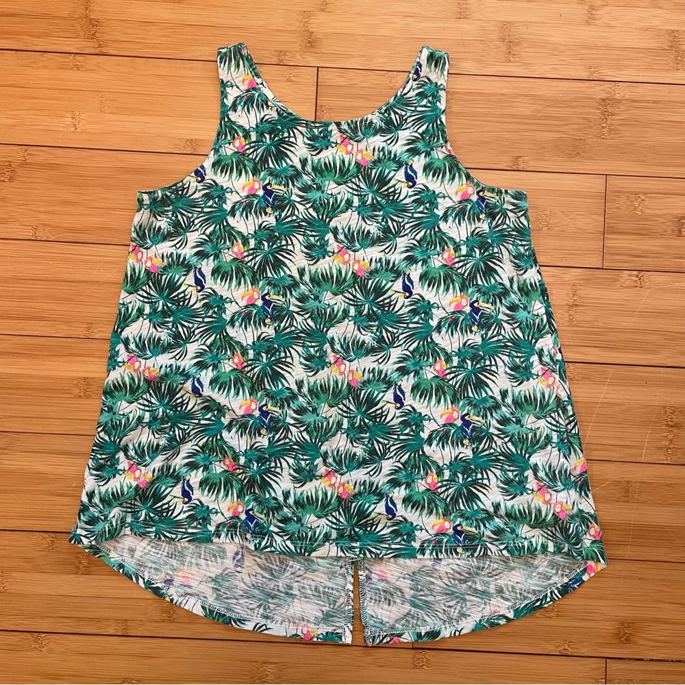 Tropical tank top, girl’s large, Old Navy. Elliptical hem, back seam with slit.